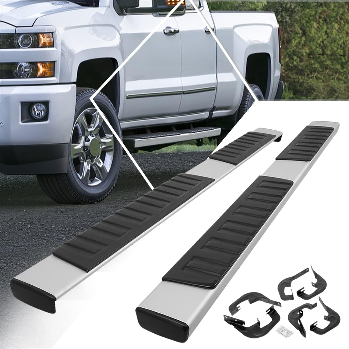6" Silver Aluminum Running Boards Side Steps Nerf Bars Compatible with 07-19 Chevy Silverado/GMC Sierra Extended Cab (Pair)