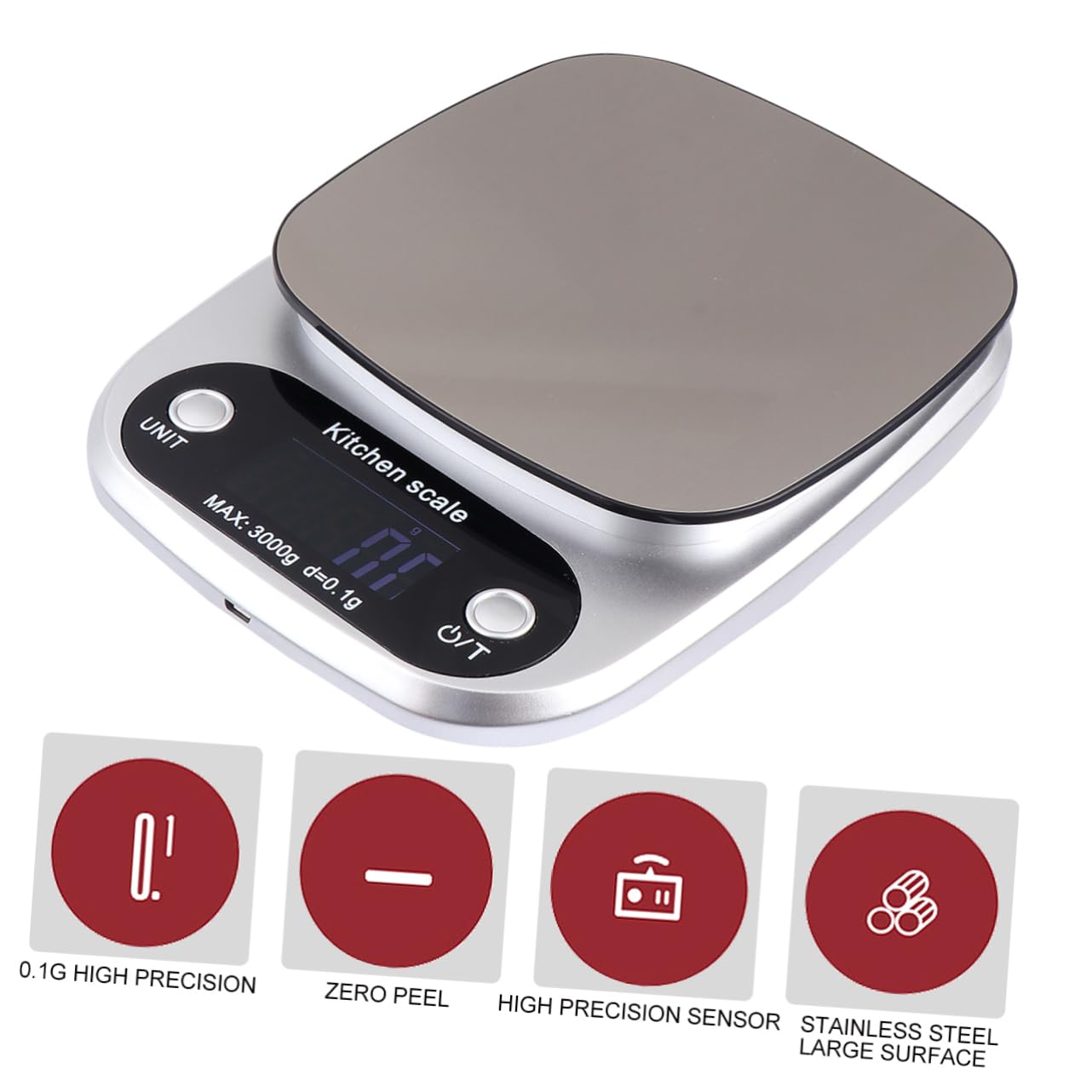 Digitale Küchenwaage mit Präziser Lcd Anzeige aus Edelstahl Wiederaufladbare 3kg Kapazität und 0,1g Genauigkeit für Küchengebrauch