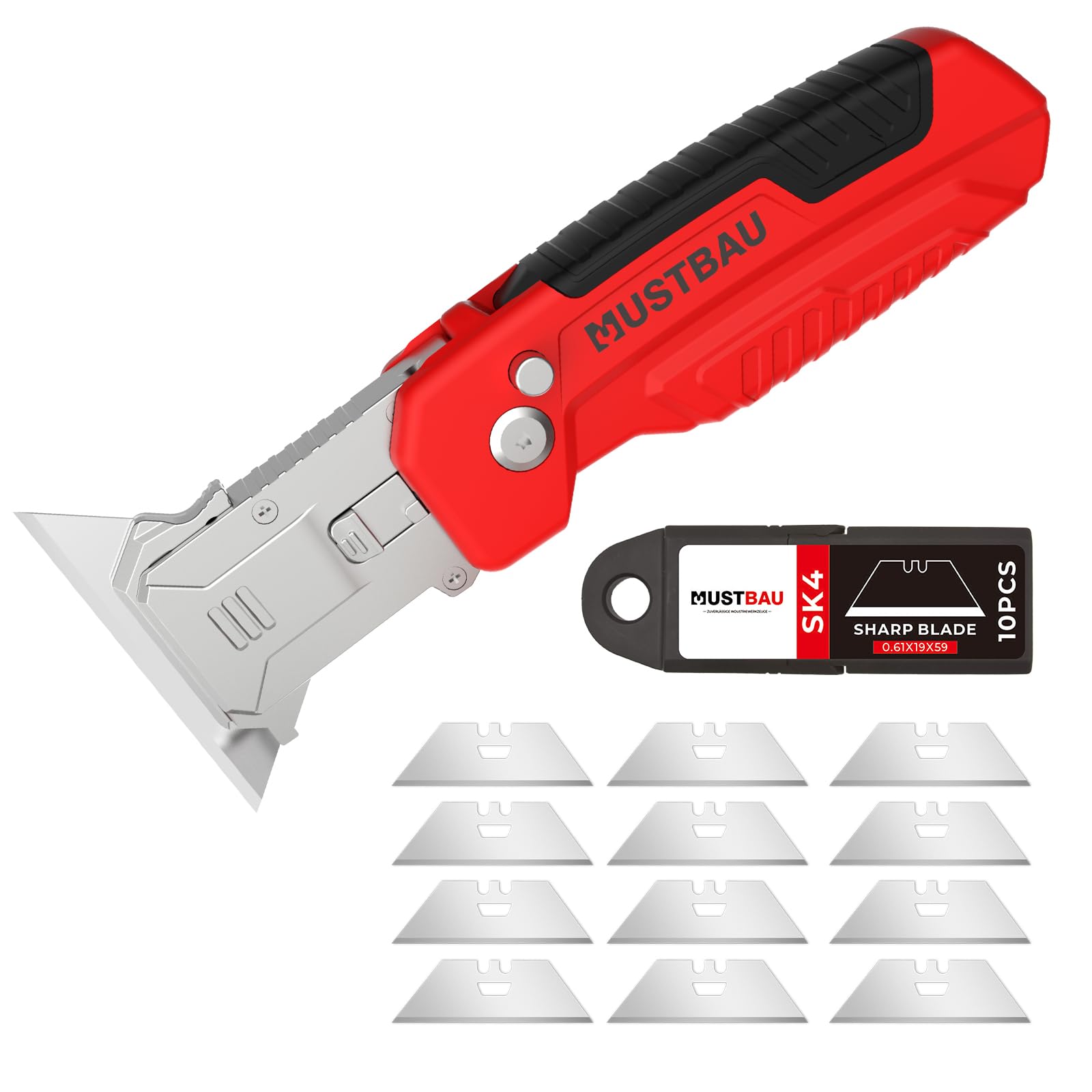Professionelles Klappmesser, Universalmesser mit 10 zusätzlichen Klingen aus SK5, ideal Schneidwerkzeug aus Aluminium (mit Schnellwechsel und Klingenverriegelung)