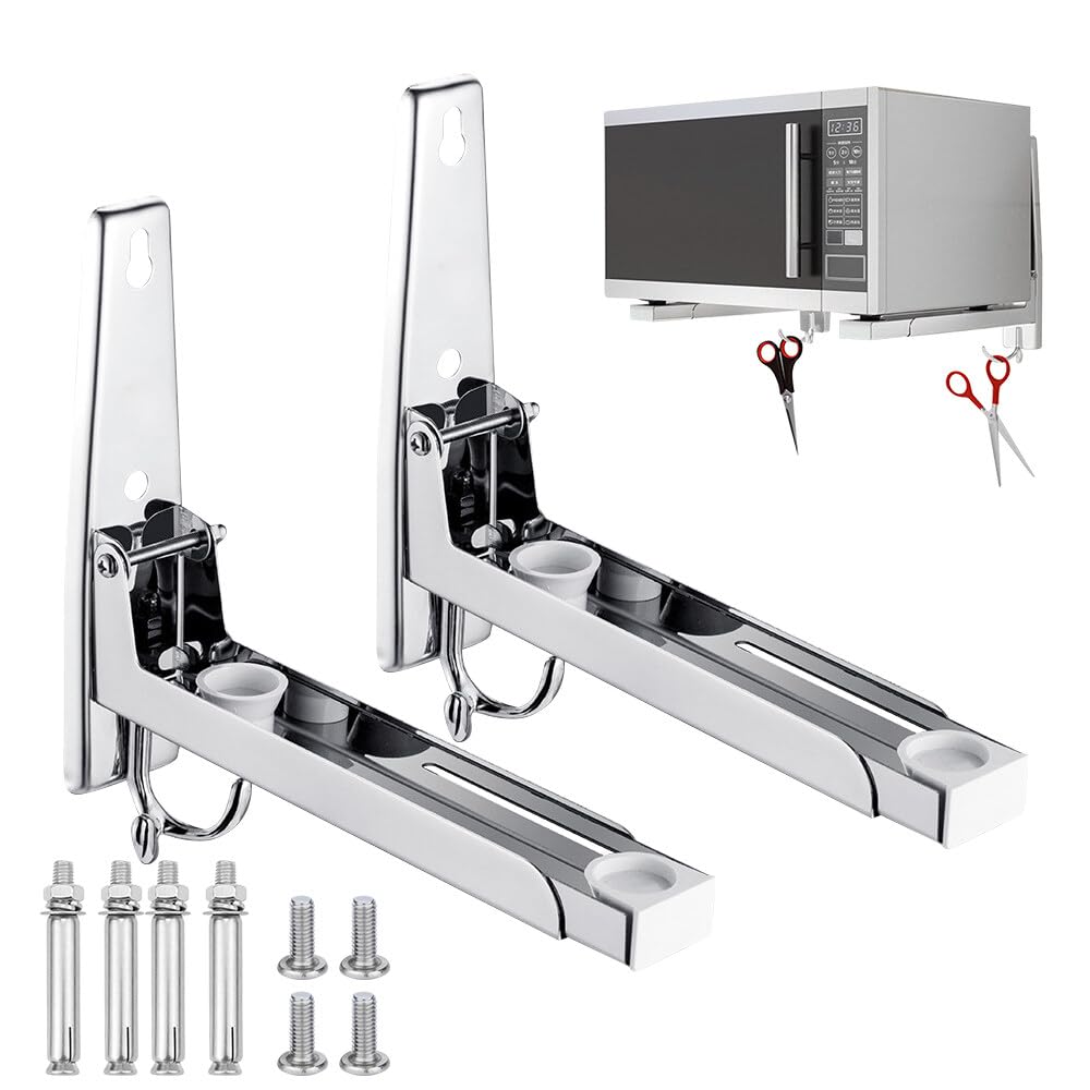 Staffa per Microonde, Supporto per Microonde in Acciaio Inox con 2 Gancio, Braccio Telescopico, Estensibile 20 – 40 cm, Supporto per Forno a Microonde da Parete