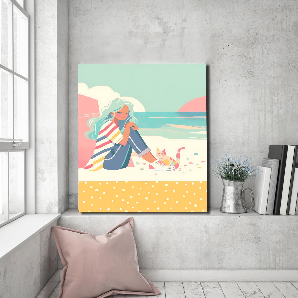 SHENGPOSTER Lato plaża płótno papierowe przytulanie dziewczyna kociaki plakaty i druki fantazja kreskówka do pokoju dziewczynki, dekoracja ścienna obraz bez ramy, 65 x 85 cm
