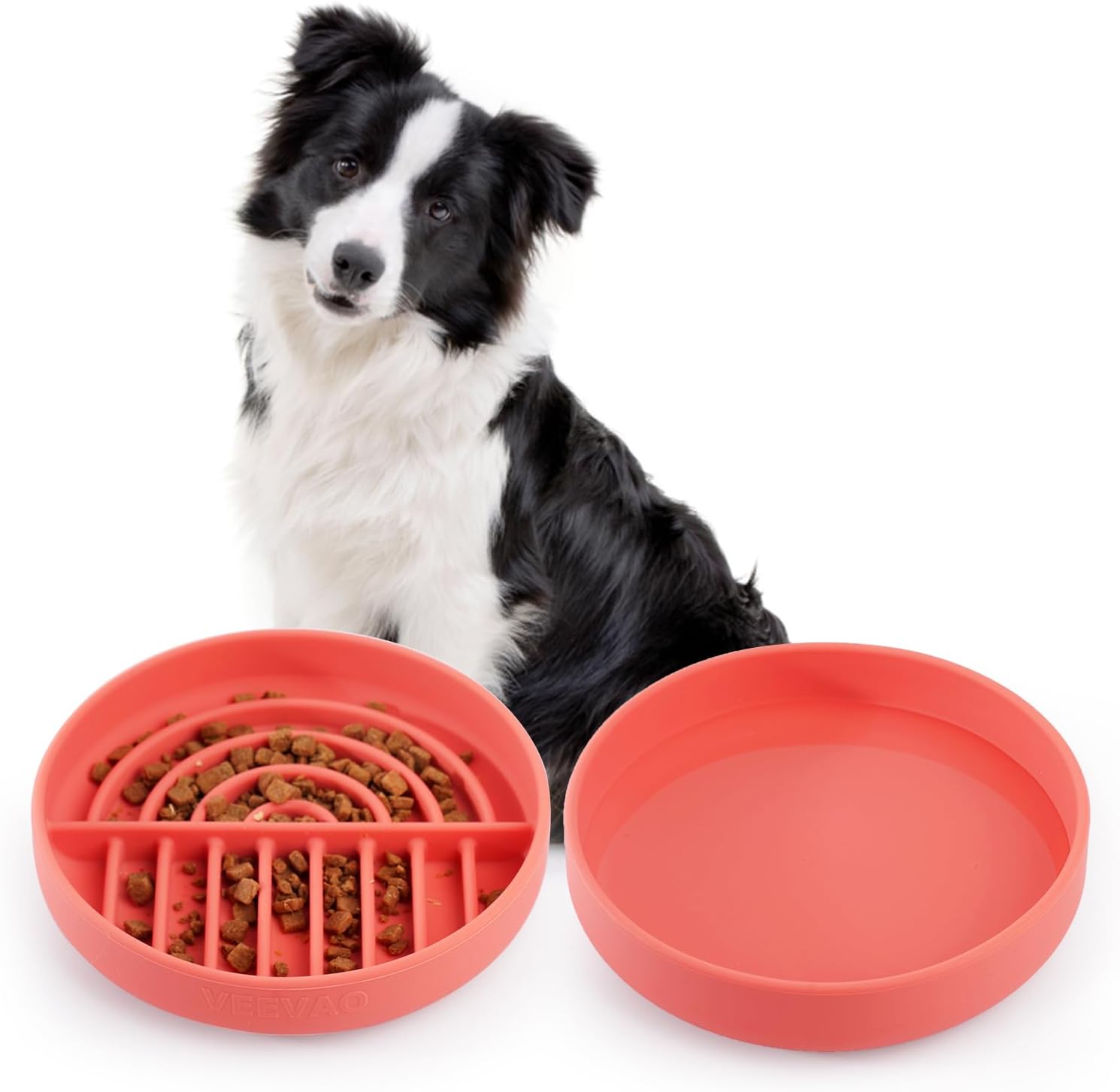 Slow Feeder Bowls Set for Medium Dogs & Puppies - Silicone Non-Slip Food & Water Bowls, Promotes Healthy Digestion, Dishwasher & Microwave Safe, 2 & 5 Cups (Coral Red)