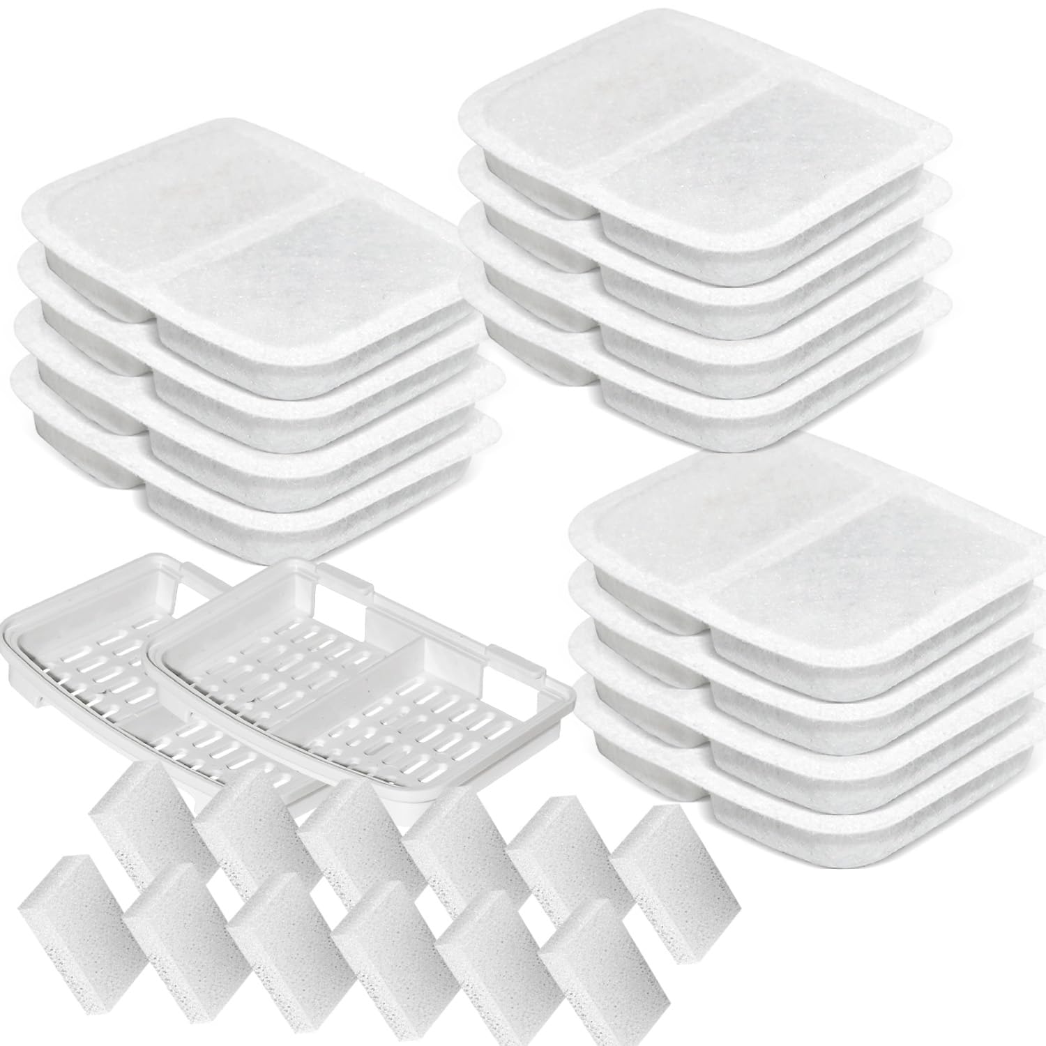 Pet Fountain Filter Set, 12 Triple Filtration System Replacement Cat Water Fountain Filters & 12 Pre-Filter Sponges & 2 filter boxes for 105oz/3L