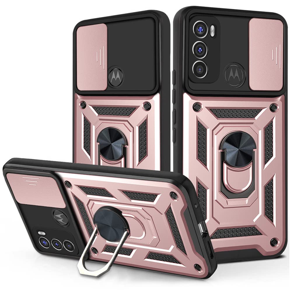 Ysnzaq Military Grade Heavy Duty Shockproof Case for Motorola Moto G60, Sliding Window Lens Protection with Magnetic Car Bracket Phone Cover for Motorola Moto G60 SJ Rose Gold