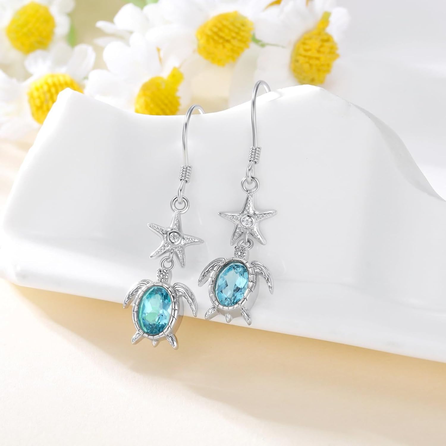 Turtle Earrings for Women 925 Sterling Silver Sea Turtle and Starfish Dangle Drop Earring Summer Animal Jewelry Gifts for Mom Wife