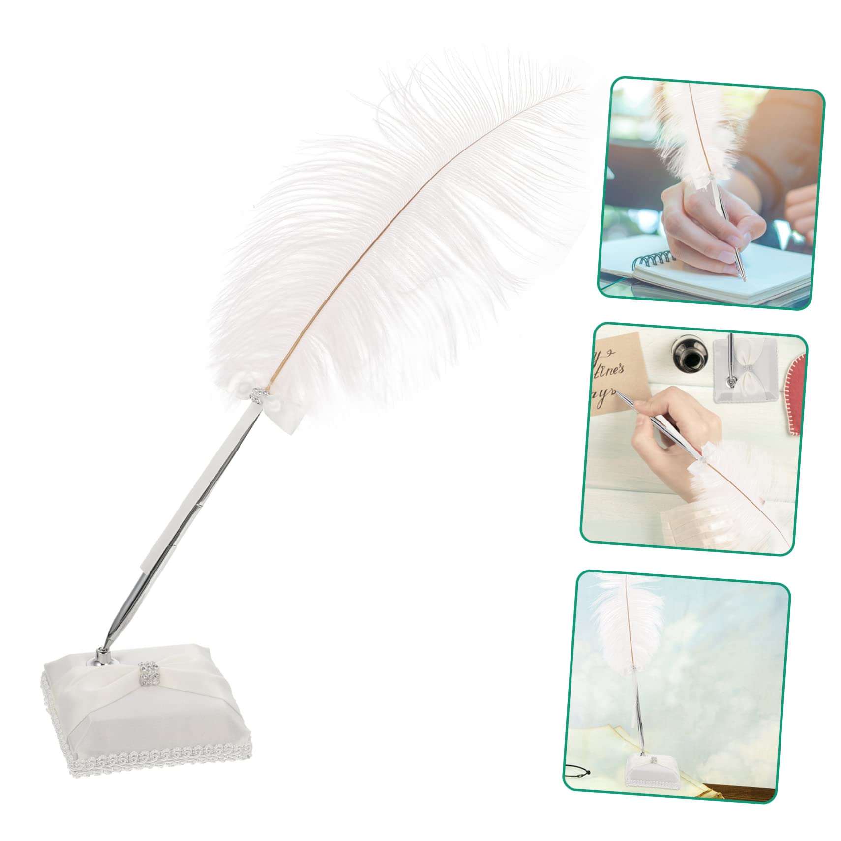 HOMSFOU Stylo pour Signature de Mariage Blanc en Satin et Plume D'autruche avec Porte-stylo Rotatif 360 Degrés, Élégant pour Cérémonie Nuptiale