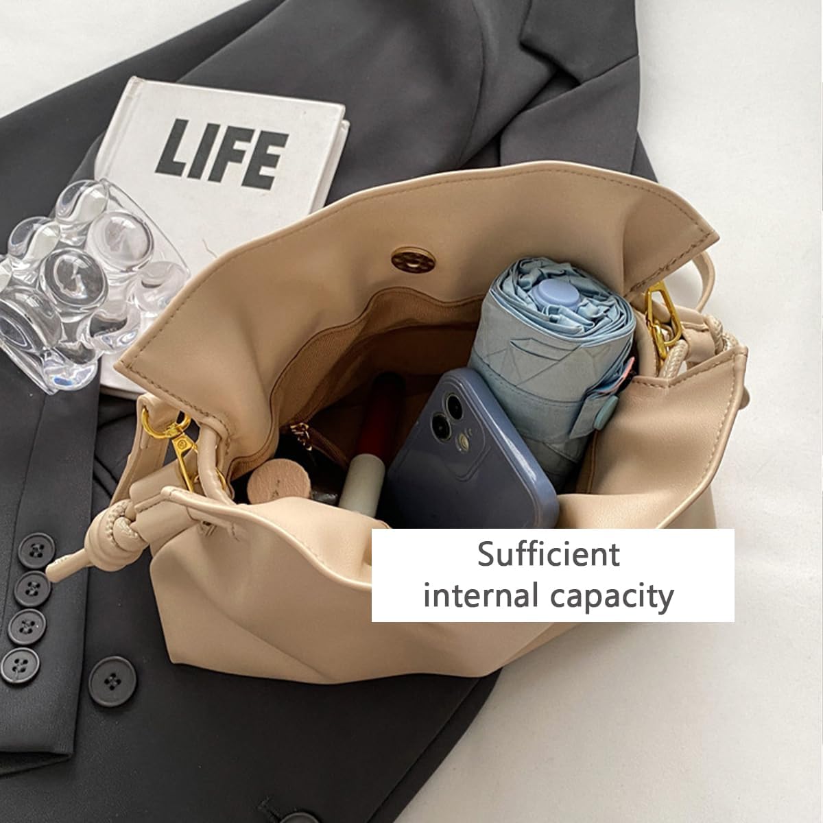 Women's Cloud Drawstring Bucket Bag, Fashionable Minimalist Handbags Versatile PU Leather Crossbody Shoulder Hobo Purse - Image 7