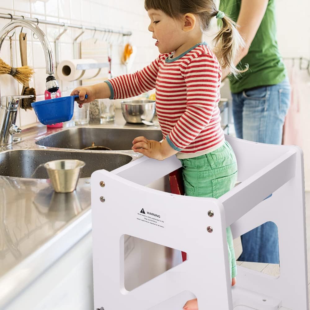 2in1 Lernturm Kinder Tritthocker Lernstuhl Kinderhocker Faltbarer Kinderschemel für Baby,mit doppelseitiger magnetischer Tafel,Umweltschutz,Küchen-/Badezimmerhelfer (Weiß)