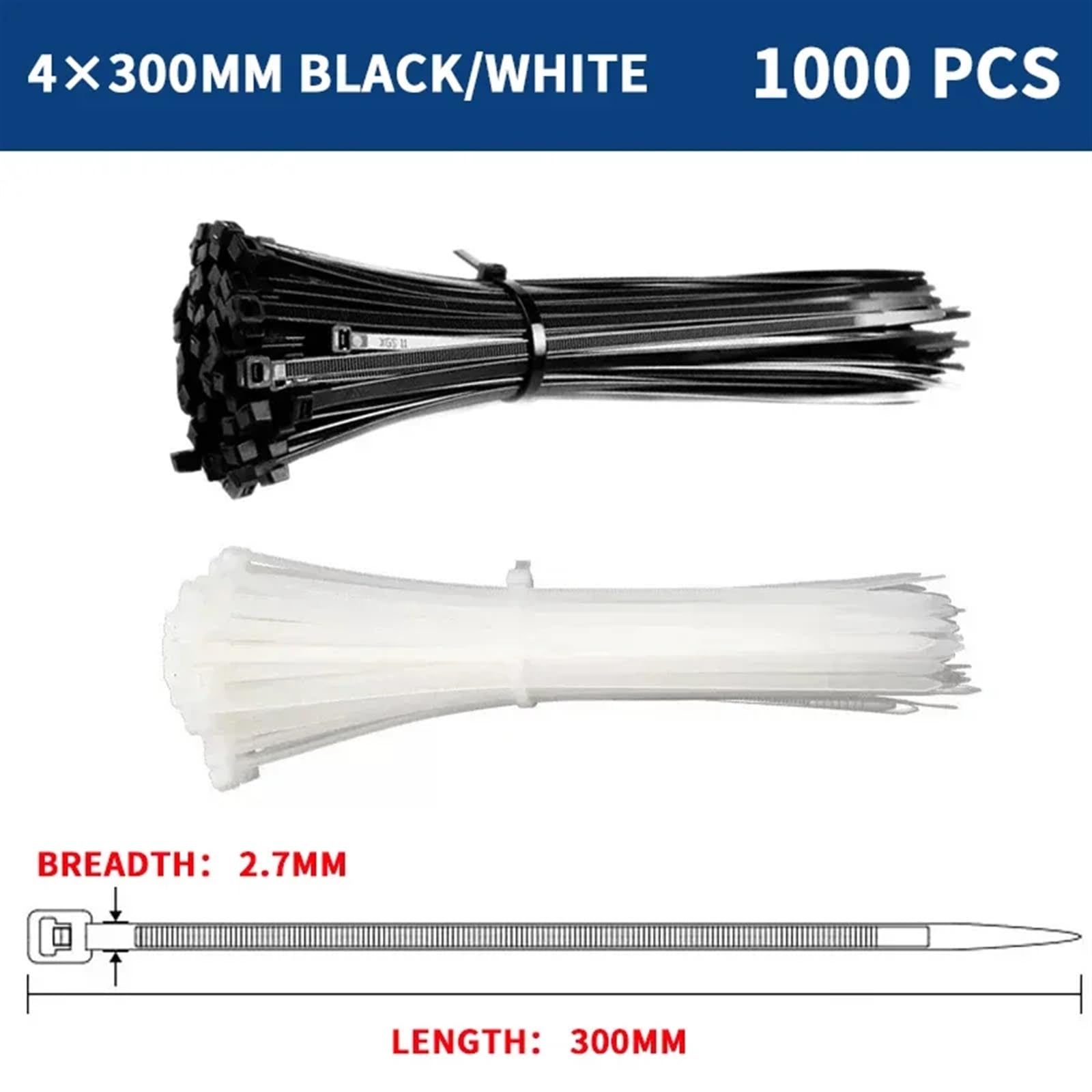 Attache Cable 1000 pièces câble en Nylon autobloquant Fil en Plastique Attaches à glissière Kit Attaches de câble Attaches matériel Attache de câble(4x300mm)