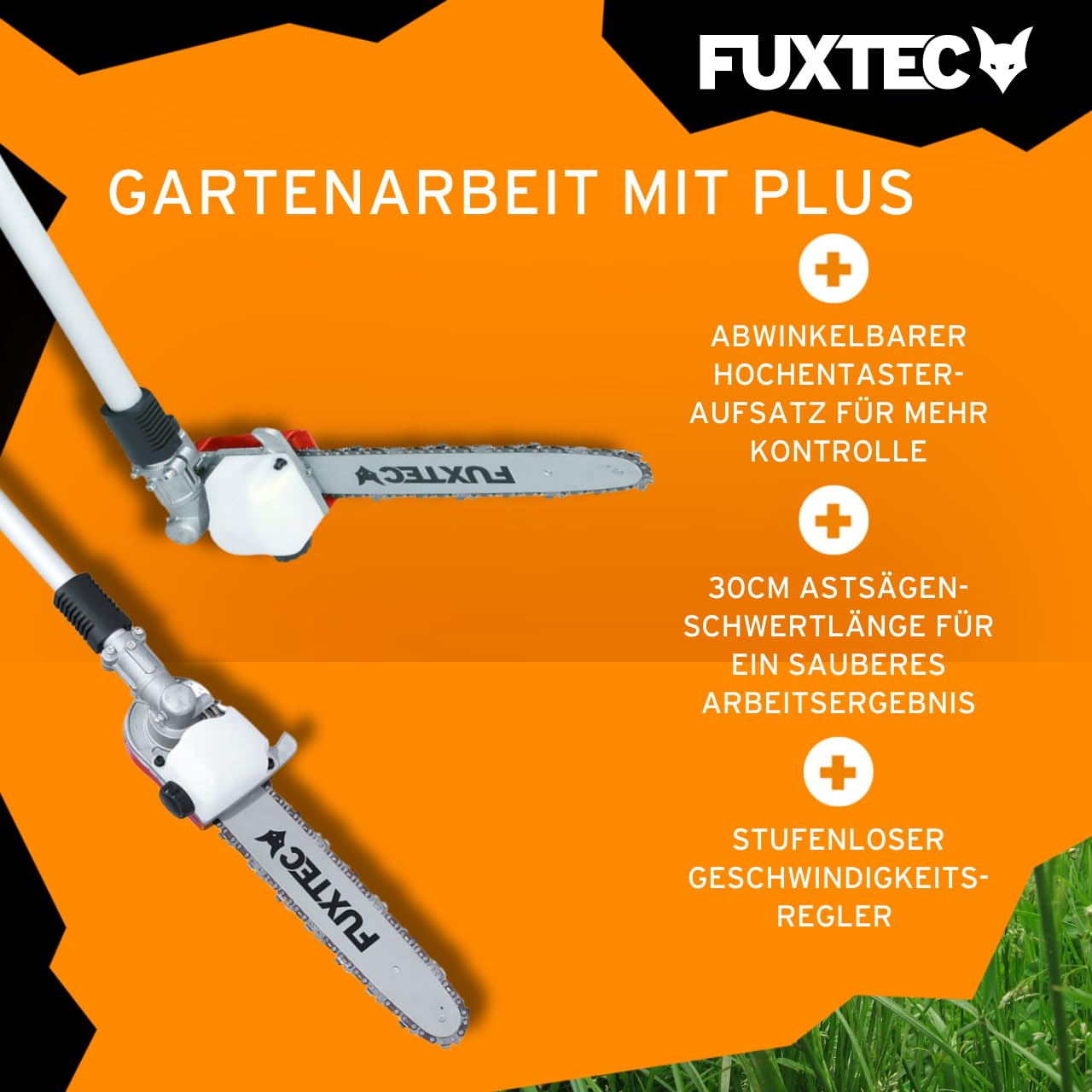 FUXTEC Benzin Motorsense FX-MT252ER 5in1 Multitool, 52 CCM, Tragegurt inkl. 1m Verlängerung 3 PS Kombigerät Heckenschere mit verstellbarem Hochentaster Kombisystem Freischneider 2-Takt
