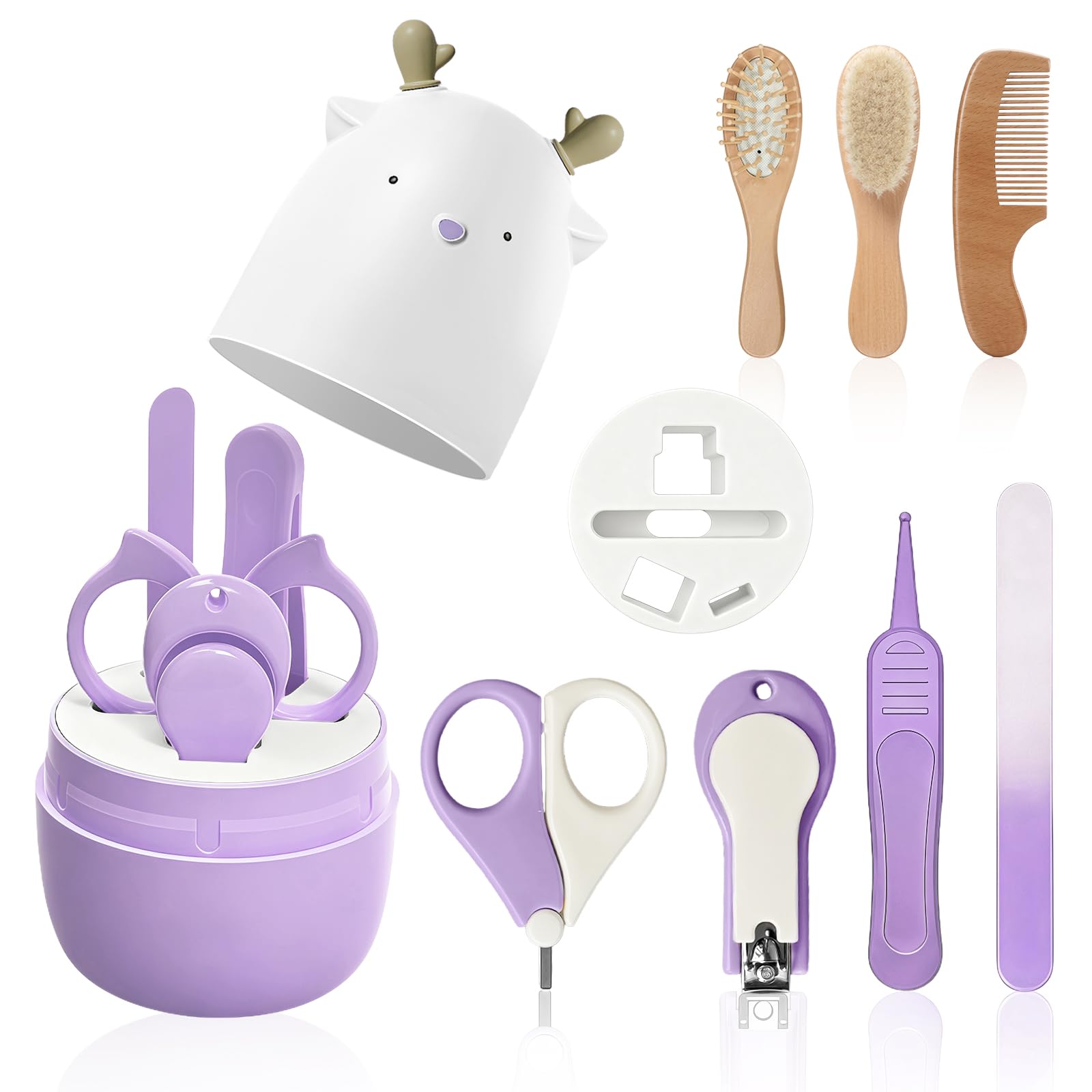 HAGOT 7-in-1 Babypflege Set mit Baby Nagelschere, für Fingernägel und Fußnägel, mit Nagelknipser, Nagelschere, Nagelfeile, Nasenpinzette, Babybürste, kleinen Flachkamm und Ballonkamm, Lila