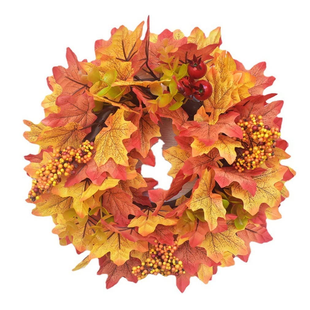 Ameble Artificial Autumn Wreath Front Door Wreath with Maple Leaves Red Berry for Halloween Thanksgiving Halloween