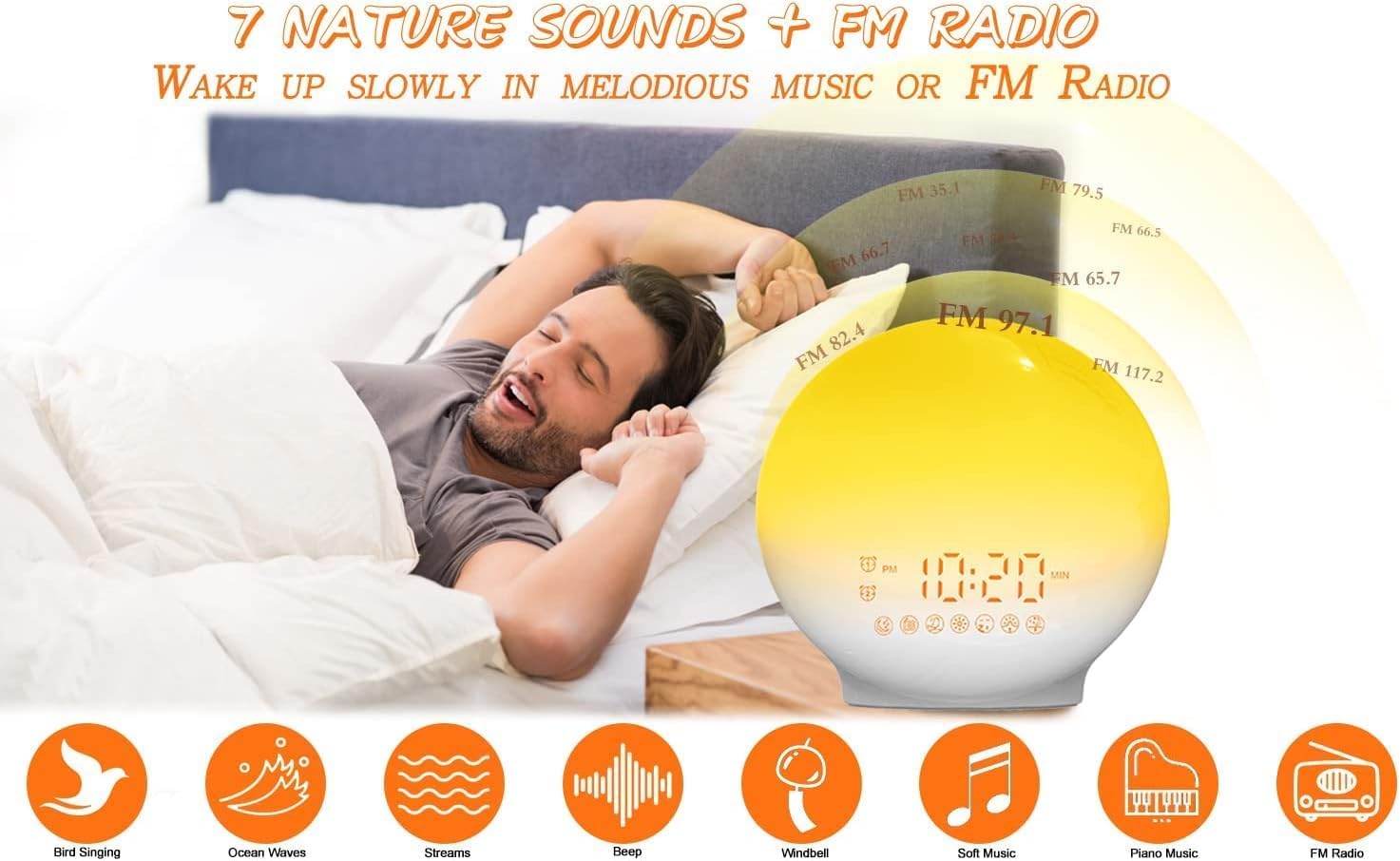 Budzik świetlny, symulacja wschodu słońca, 7 naturalnych dźwięków, radio FM, lampka nocna LED, pomoc w zasypianiu dla dzieci i dorosłych, dekoracja sypialni