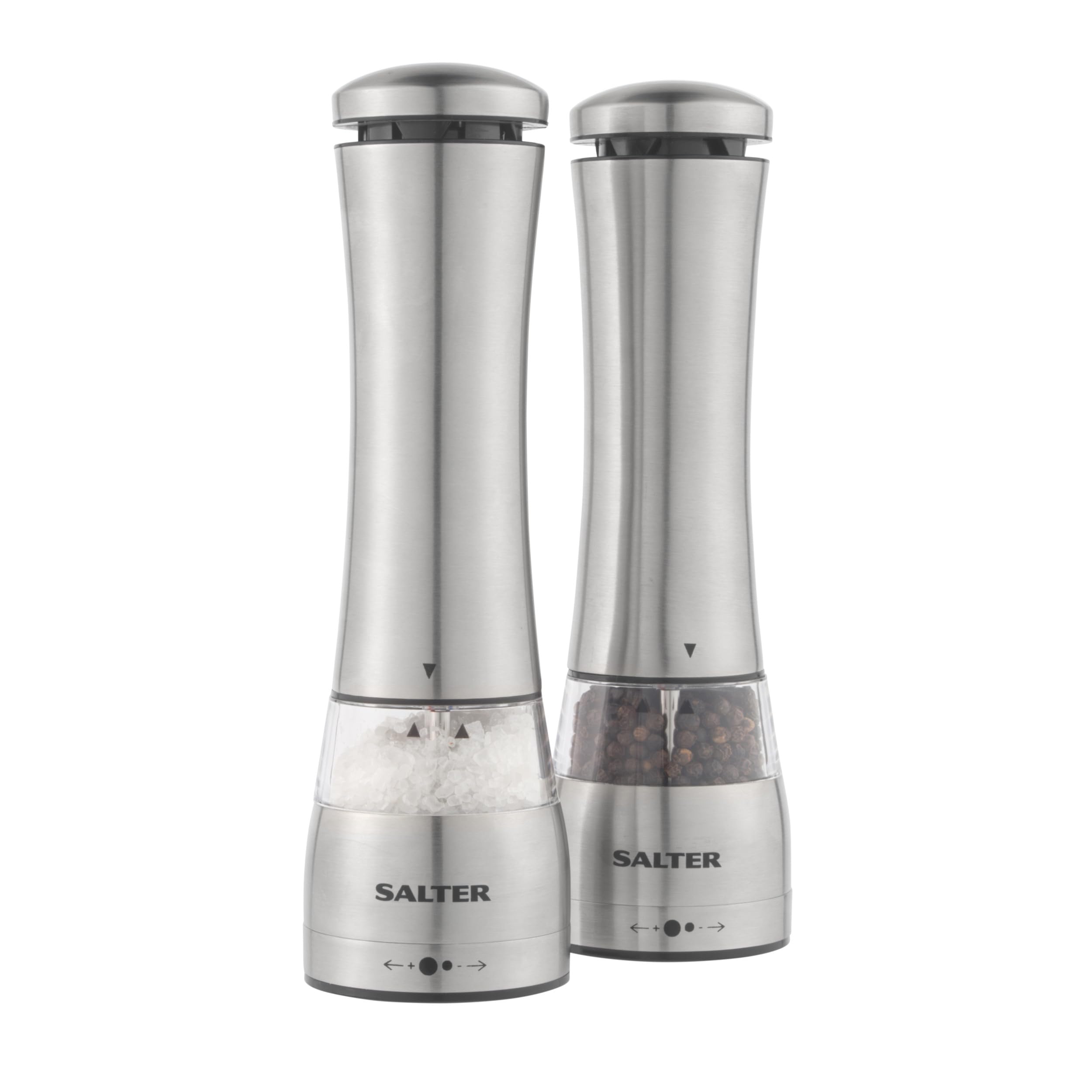 Salter Silver Bw11847eu7 Electric Salt & Pepper Mill Set – One Hand Push Button Operation, Ceramic Mechanism, Clear Acrylic, Adjustable Grind, Led Light Base, Peppercorns & Rock Salt, Stainless Steel