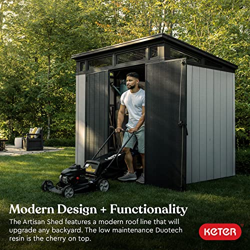 Image of Keter Artisan 7 x 7 Foot Large Modern Design Outdoor Shed with Floor for Outdoor Furniture, Lawn Equipment, Bikes, and Gardening Tools, Gray