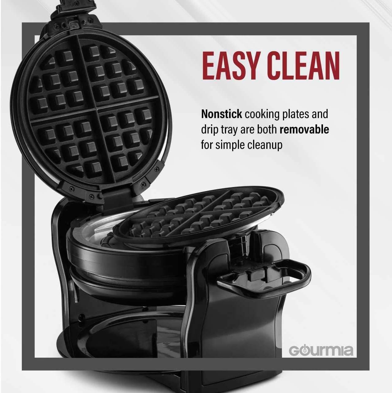 Gourmia GWM490 Belgian Waffle Maker - Double Waffles - Extra Deep - Fast & Easy - 180 Degree Flipping - Brushed Stainless Steel - Nonstick Plates - Black - Free Recipe Book