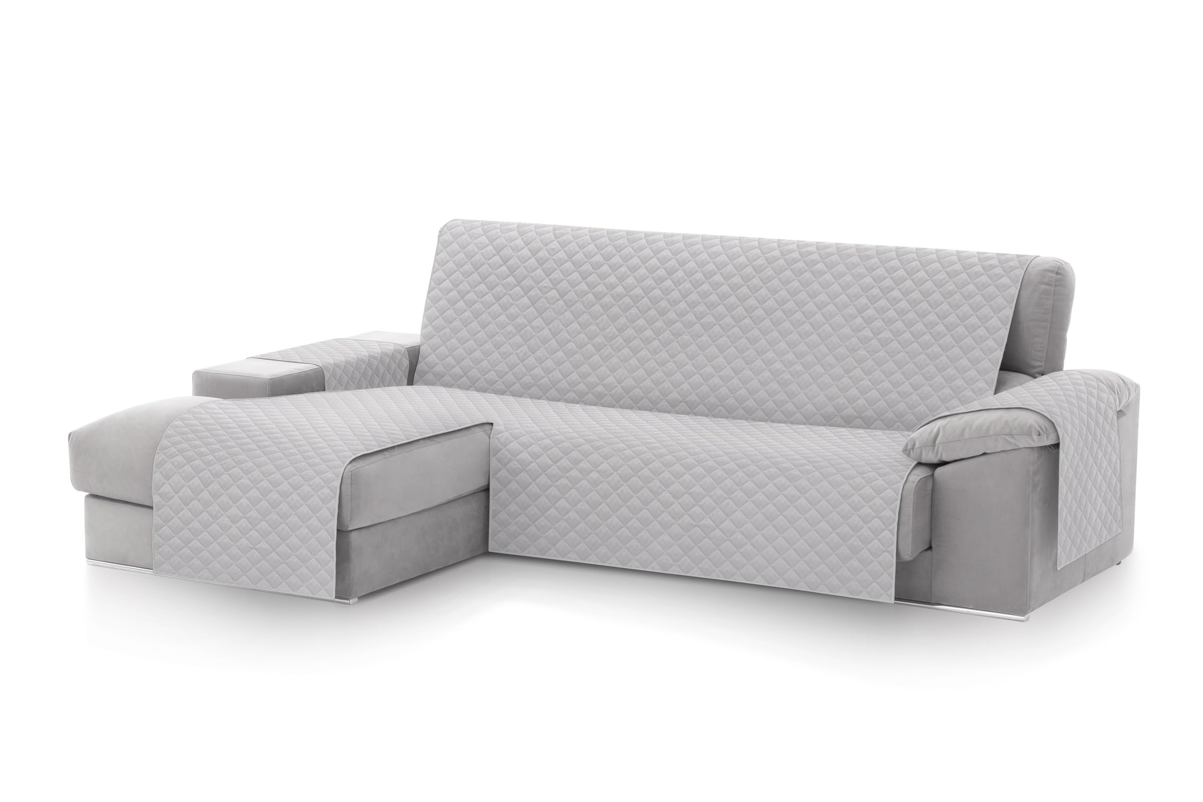 Textilhome Copridivano Chaise Longue con Penisola Malu 240cm – Salvadivano Trapuntato Universale con Bracciolo Sinistro, Protezione per Animali Domestici, Colore Grigio Chiaro (Visto da Davanti)