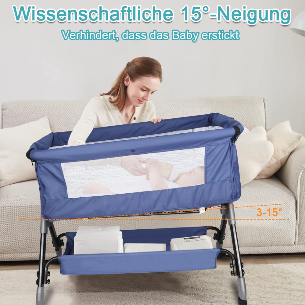 OHMG Culla Neonato con Materasso Imbottito,Culla Cododo,Culla Co-sleeping,Culla Bambini Pieghevole con 5 Altezze Regolabili,Lettino per Bambini,per Bambini 0-6 Mesi (Blu tibetano (104x52x103-115cm))