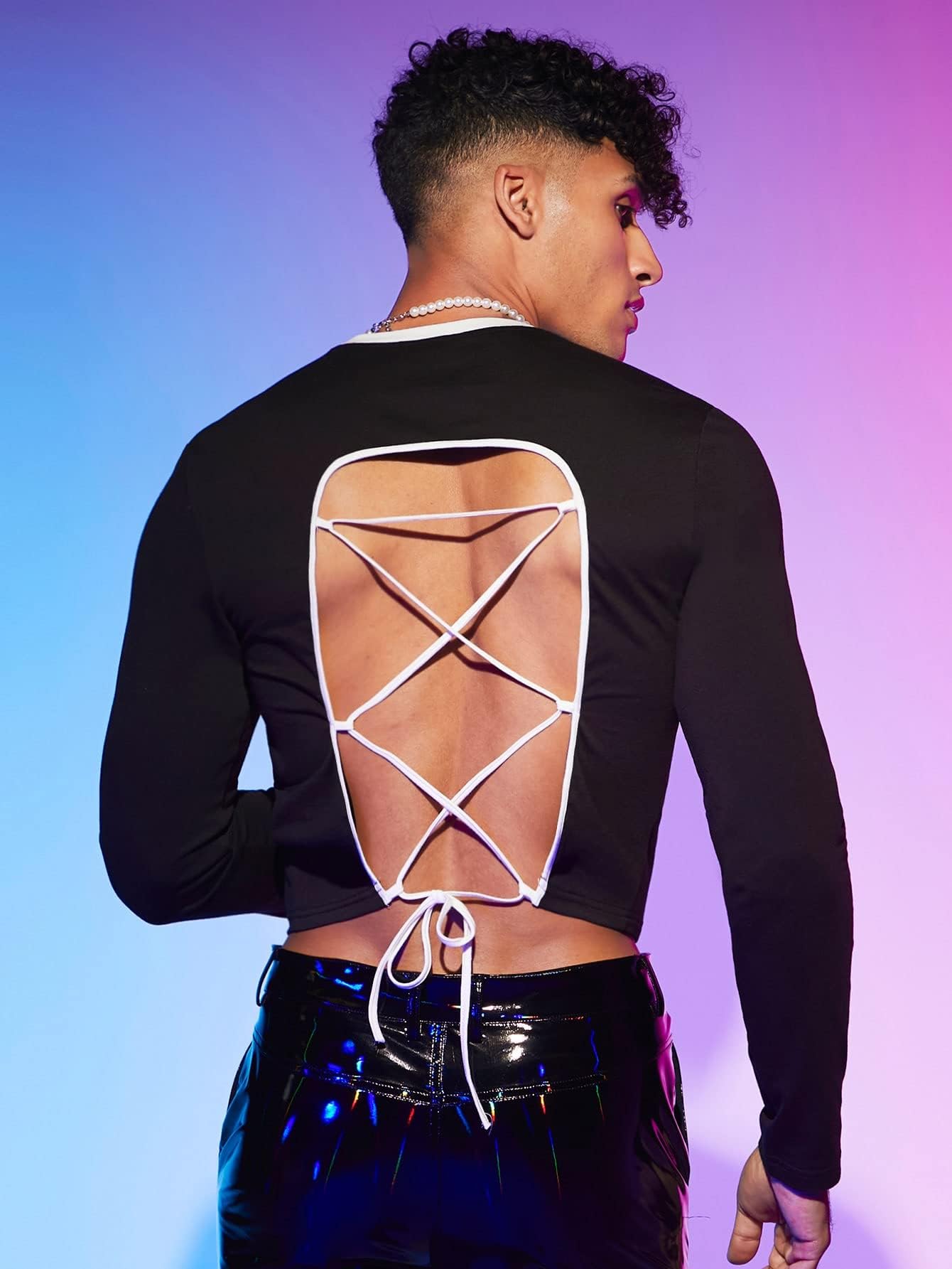 Men Lace Up Backless Crop Tee