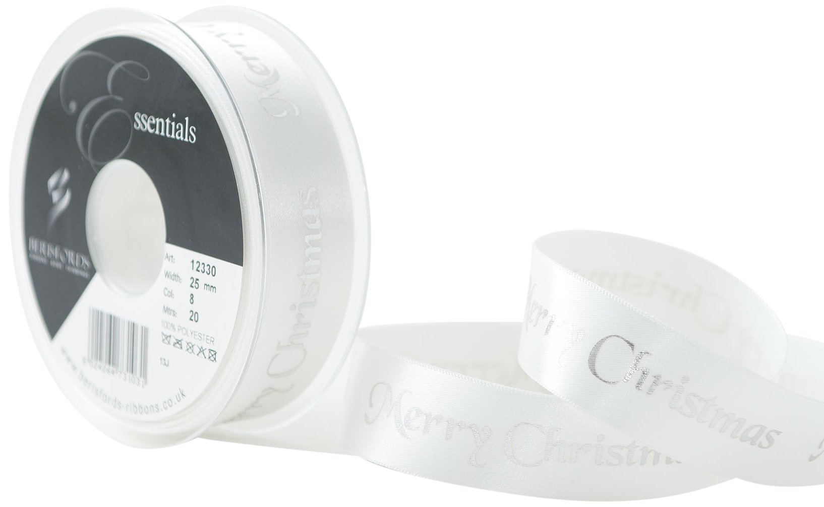 Berisfords White 25 Mm Merry Christmas Ribbon, And Silver