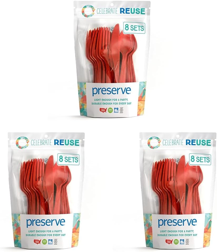 Preserve On the Go Cutlery Set: 8 Forks, 8 Knives, 8 Spoons, Pepper Red (Pack of 3)