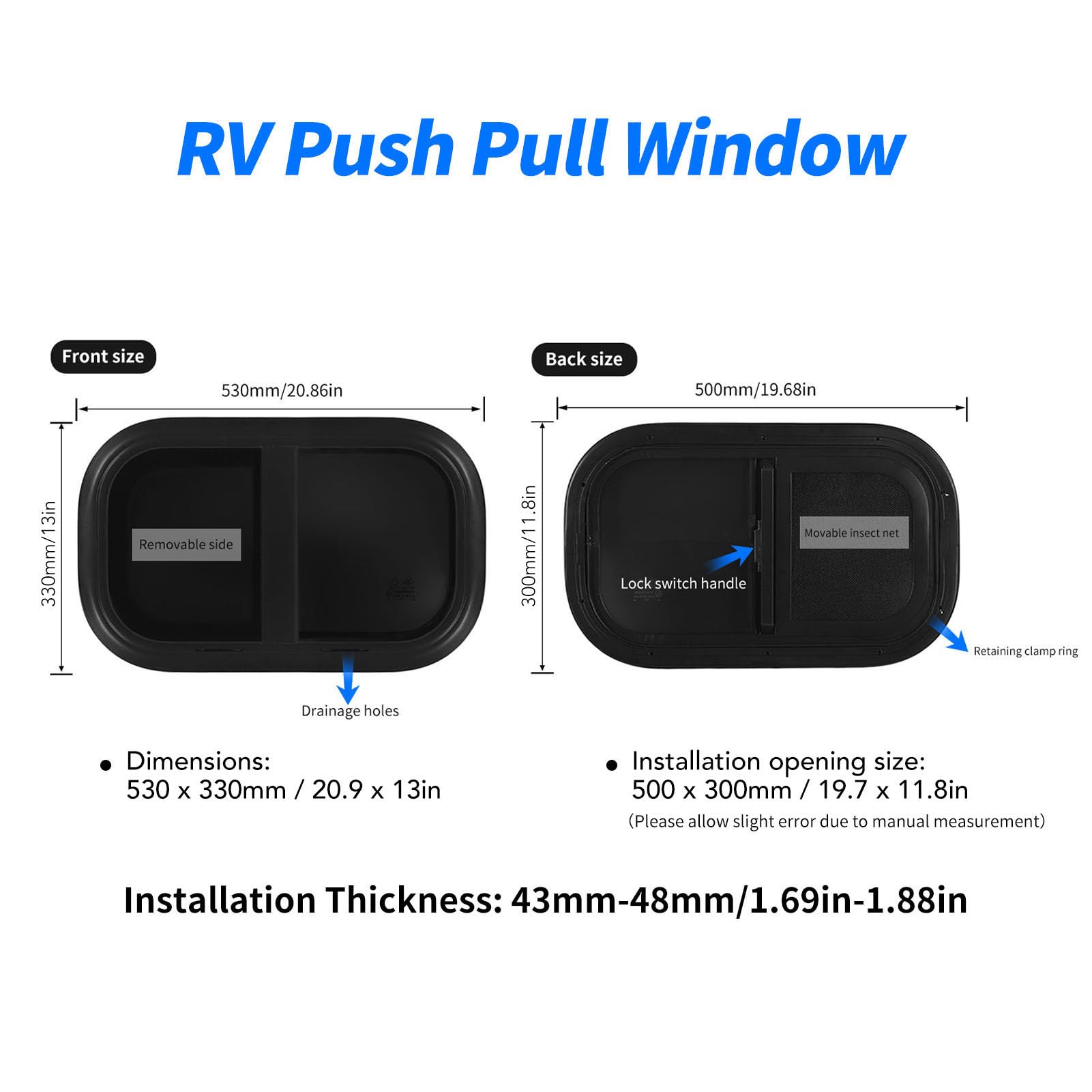 Fenêtre Coulissante Durable pour Camping-car avec Protection UV et écran pour Caravanes – Verre trempé 500 H300 Mm, Fenêtre pour Camping-car. (Épaisseur de paroi applicable : 43 à 48 mm / 1,7)
