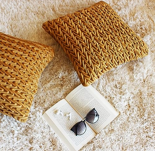 Image of Monstera Hut Corded Wavy Suede Mustard Cushion Cover Pack of 1, (Cushion Cover 16x16inch) (40.6 x 40.6 cm)