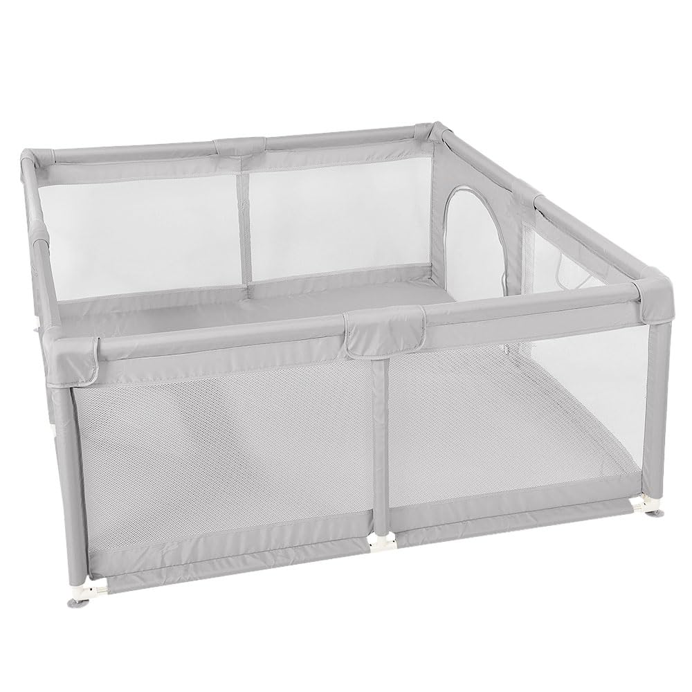COSTWAY Parc Bebe Avec 50 Balles Océaniques, Parc Enfant Avec Panier De Basket, But De Football, Porte Zippée, 4 Anneaux De Traction, Clôture Portable Pour 0-3 Ans (Gris Clair,88 X 157 X