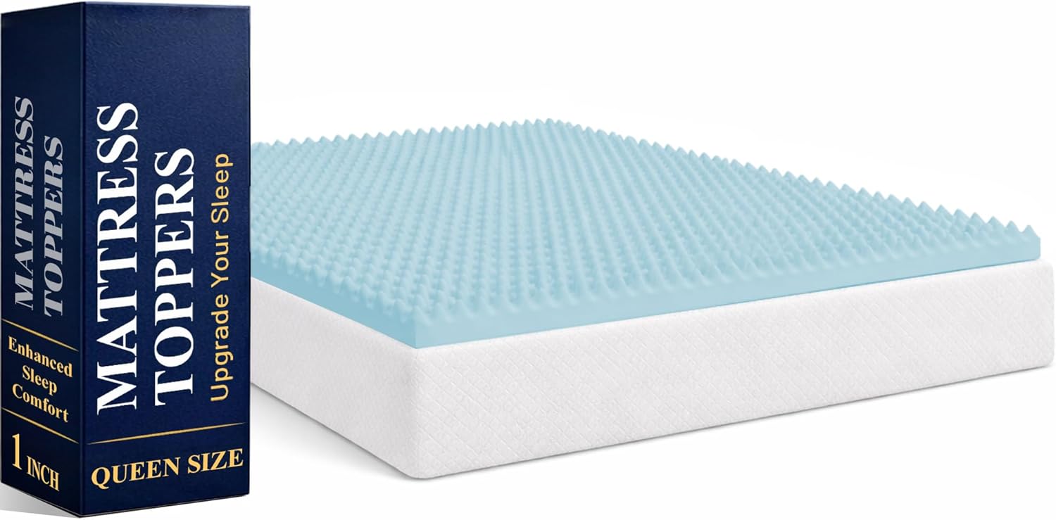 Greaton, 1-Inch Premium Convoluted Gel Memory Foam Toppers for Enhanced Comfort and Support, Queen, Blue