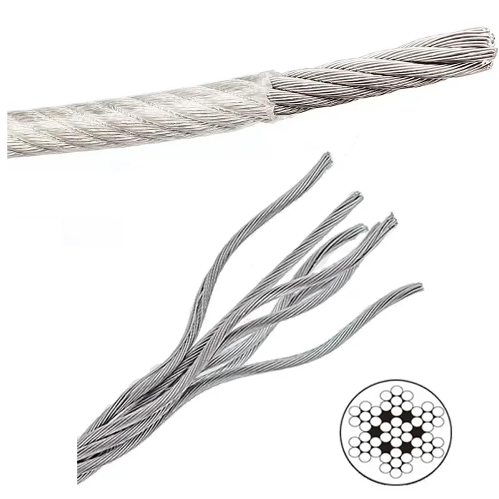Durchmesser 2,0 mm, Länge 50–100, m, Wäscheleine, PVC, transparent, kunststoffbeschichtet, gratfrei, Drahtseilkabel aus Edelstahl 304(100.0meter)