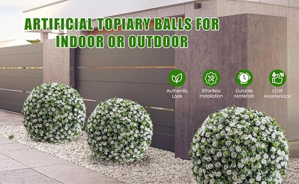 BouPower 18‘' Artificial Topiary Balls Outdoor Set of 2, Artificial Flower Topiary Ball with 20 Zip Tiles & 2 Hanging Chains, Hanging Decorative Flowers Ball for Garden & Patio, Wedding Decor, White by BouPower - Used condition - Image 7