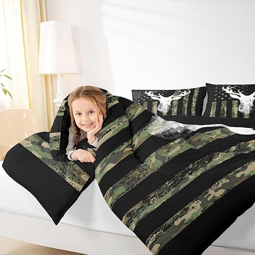 Miniatura 6 de Erosebridal Juego de ropa de cama rústica de ciervo, diseño de camuflaje verde militar, bandera estadounidense, juego de edredón King para niños y