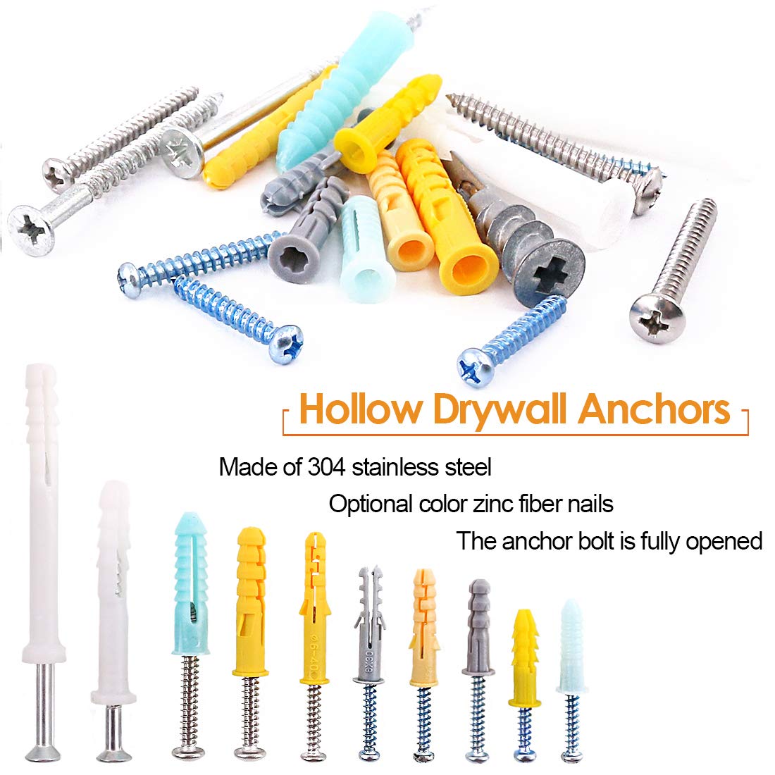 220Pcs Plastic Drywall Anchors Screws Assortment Kit Hollow Drywall Ribbed Anchors with Screws Perfect for Drywall, Hollow-Wall Hanging Wall Shelf or Blinds