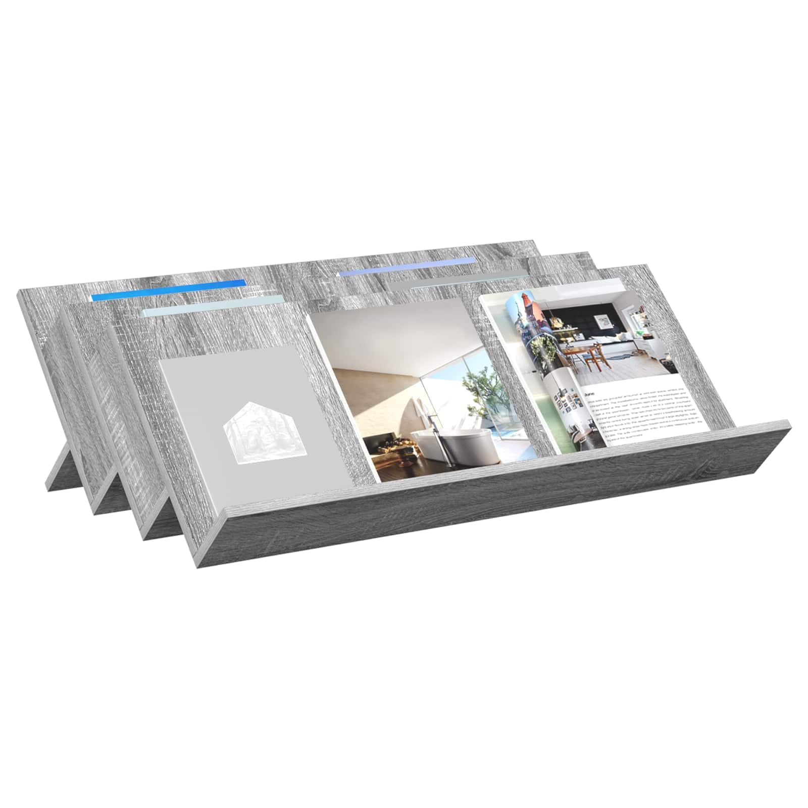 Regał na magazynek Sonoma szary materiał drewnopochodny, 90 x 53 x 28,5 cm, z 3 półkami na deski, do salonu, biura, korytarza i poczekalni, praktyczne przechowywanie i stylowa półka