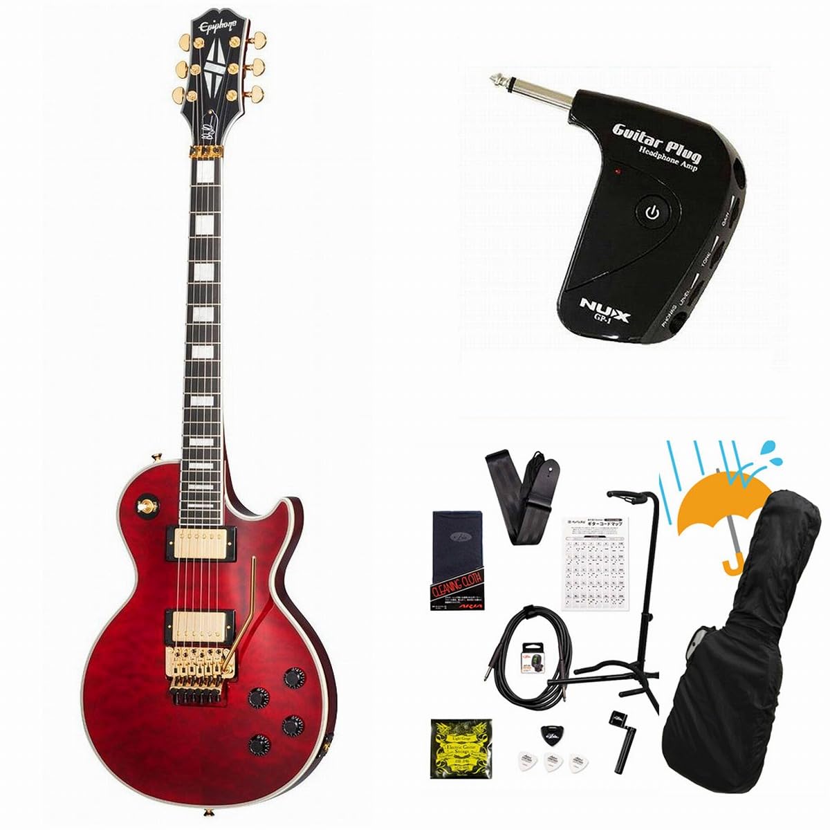値下げしました！Epiphone Alex Lifeson Les Paul Custom Axcess Quilt Ruby レスポールエレキギター（保証期間内）とRolandの名機CE-1コーラスペダルのセット（Rushラッシュのアレックスライフソンキット） Alex Lifeson Les Paul Custom Axcess Quilt Ruby Epiphone