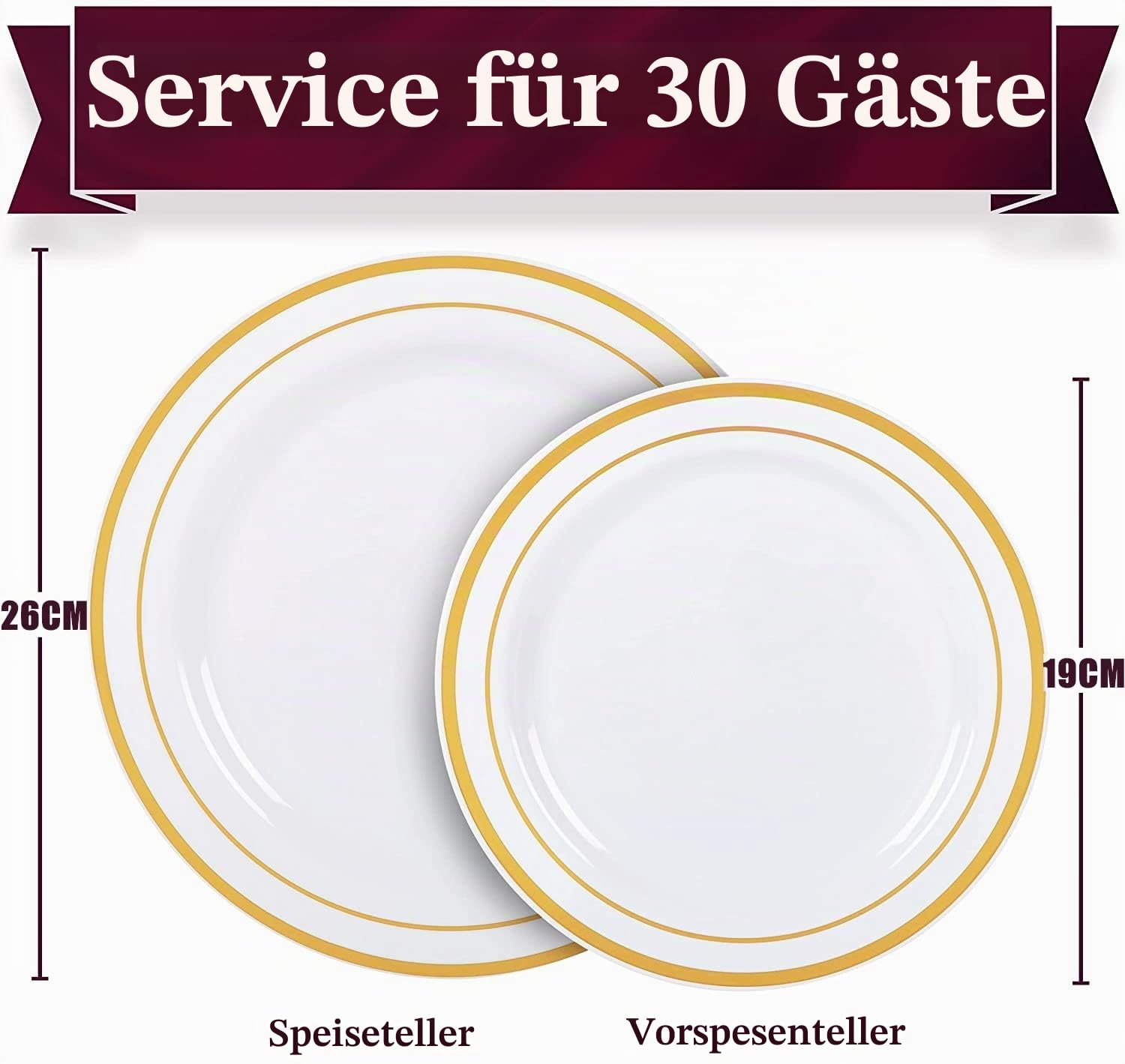 LATERN 60 Stück Mehrweg Goldenes Plastikgeschirr, 30 Stück 26cm Große Speiseteller + 30 Stück 19cm Salatteller, Wiederverwendbare Plastikteller für 30 Gäste Hochzeitstag Garden Dessert Party