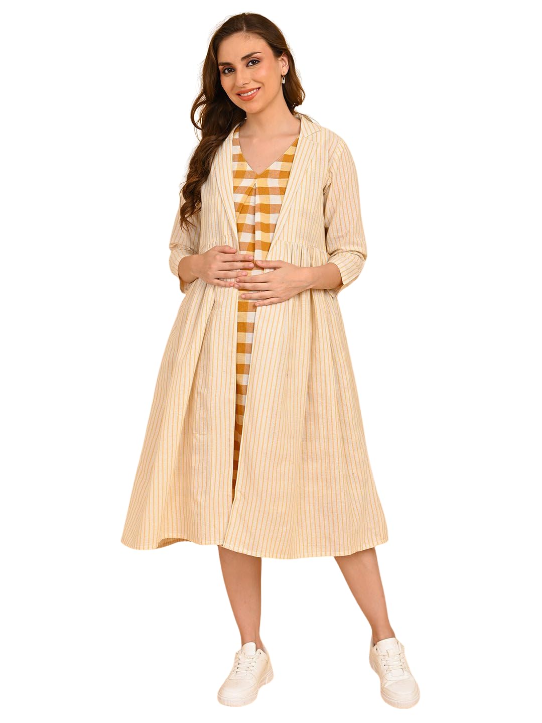 the mom store Maternity & Nursing Shacket Dress for Women | Striped Cotton Midi Dress with Sleeveless Inner & Button Opening | Trendy Stylish Comfortable Pre & Post Pregnancy Wear for New Mom-picture-34
