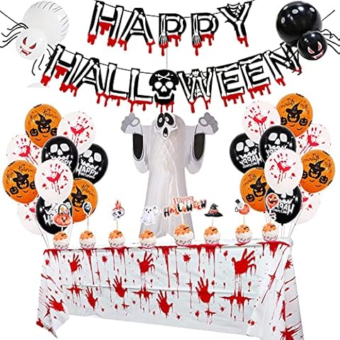Halloween Balloon Set, Halloween Party Decorations Include Skull Flag Spiral Ornament,Happy Halloween Banner, Ghost, Tablecloth, Cake Topper,Balloons, Indoor and Outdoor Decor Cover