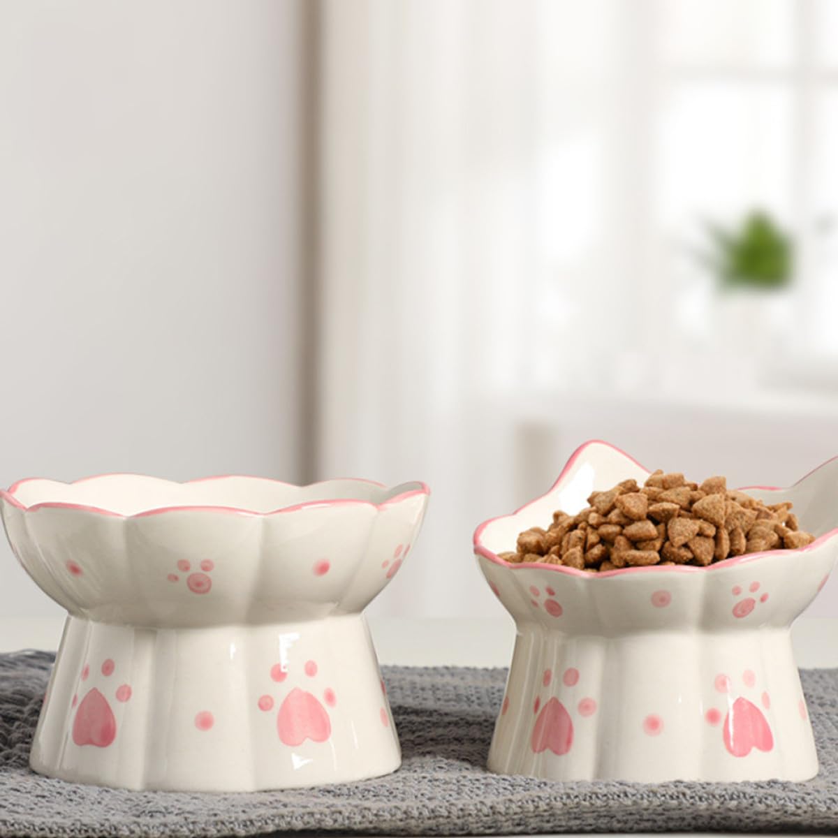 ifundom Ciotola Rialzata per Gatti in Ceramica 2 Pezzi Protezione Collo e Base Antiscivolo, Mangiatoia Inclinata per Cibo e Acqua Adatta per Animali Domestici e Uso Domestico