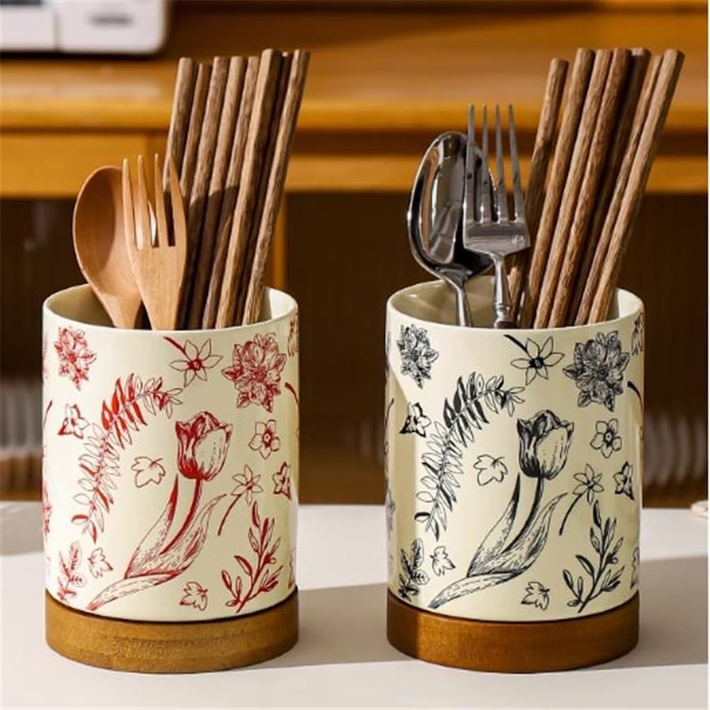 Utensil Holde Kitchen Utensil Holder Ceramic for Countertop Utensil Organizer with Drain Tray Utensil Crocks(Red)