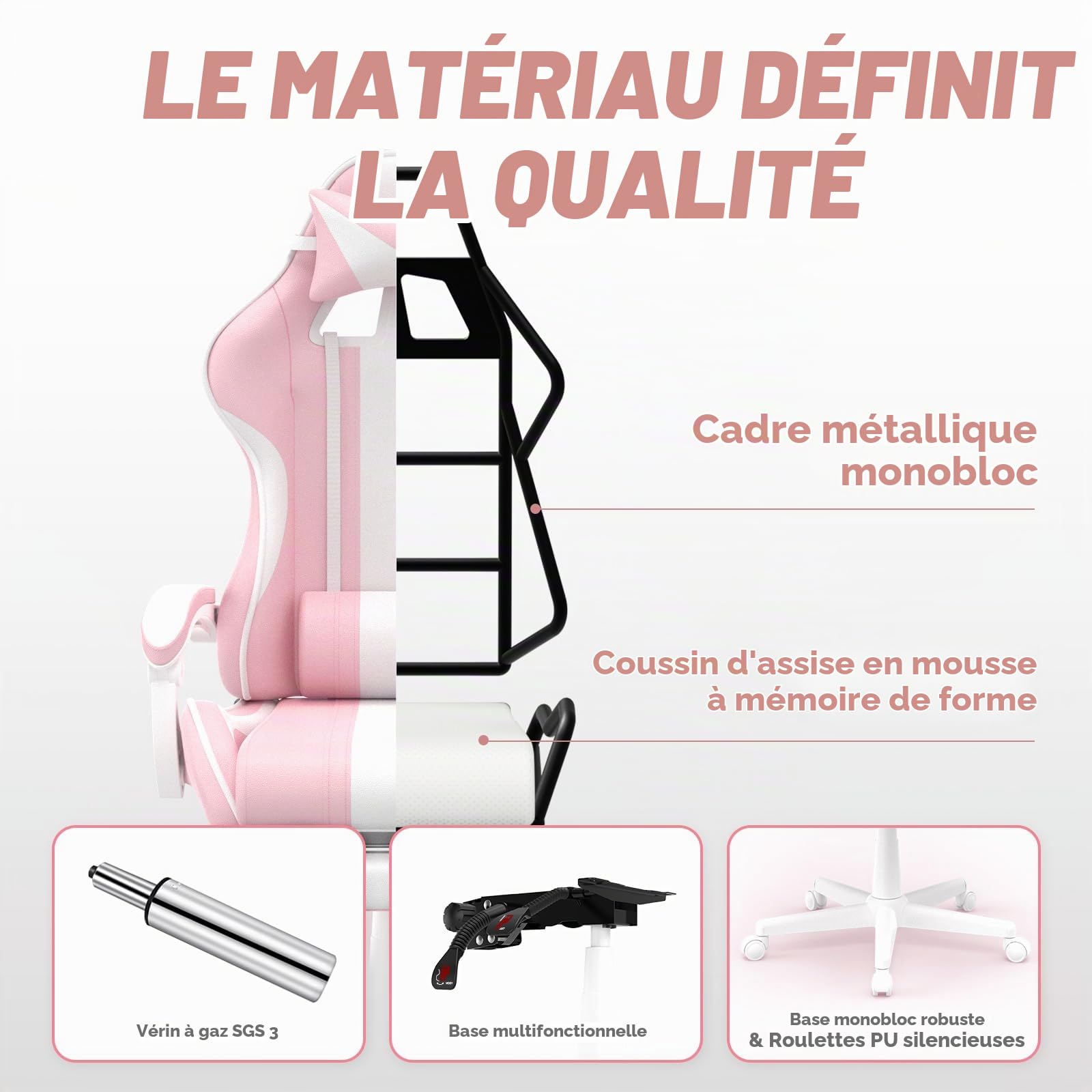 Chaise Gaming Ergonomique avec Repose-Pieds Rétractable, Gaming Chair avec Oreilles et Queue de Chat, Fauteuil Gamer en Tissu avec Massage Lombaire, Appui-Tête, Hauteur Réglable, Roulettes PU, Rose