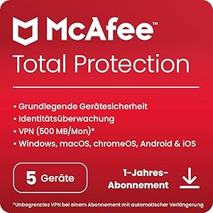 McAfee Total Protection 2023 | 5 Geräte | Virenschutz- und Internet-Sicherheitssoftware | inkl. VPN, Kennwort-Manager | 1-Jahres-Abonnement | Download-Code