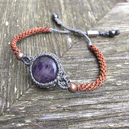 Amethyst Bangle Bracelet Purple Stone Hand Woven Macrame Bracelet In Gray And Orange Cord For Women And Teen Girls #TOP2