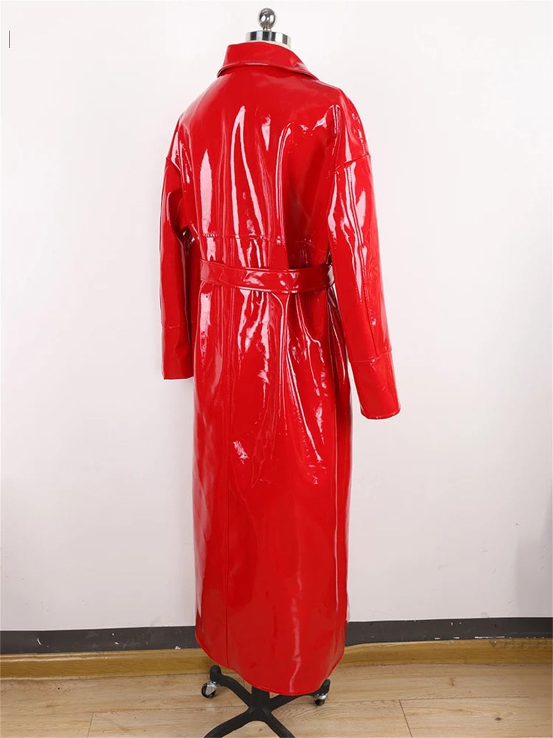 Women Spring Long Shiny Reflective Red Faux Patent Leather Trench Coat Loose Casual Coat