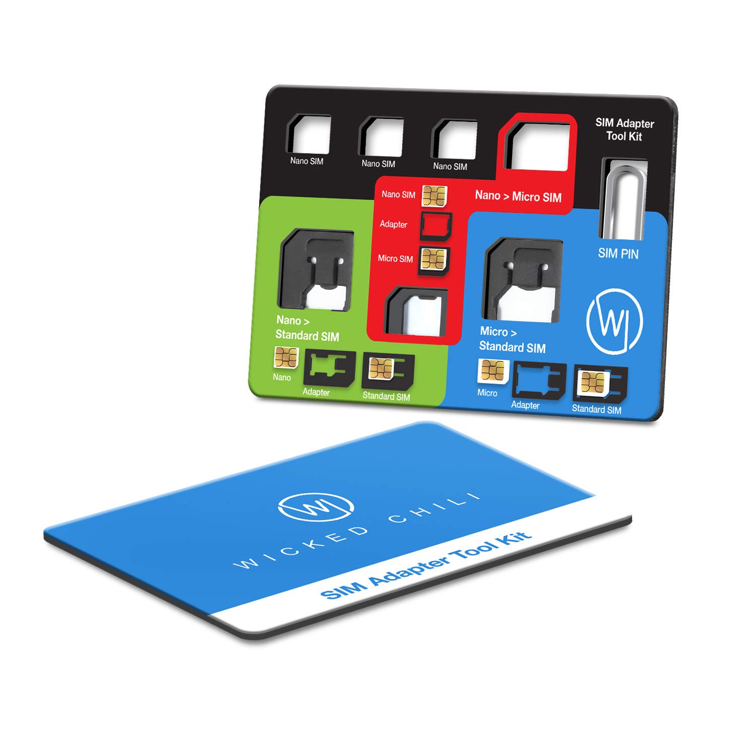 Wicked Chili, Set Adattatore per SIM 4 in 1 (Nano, Micro, Standard, Eject Pin) per Cellulare, Smartphone e Tablet.