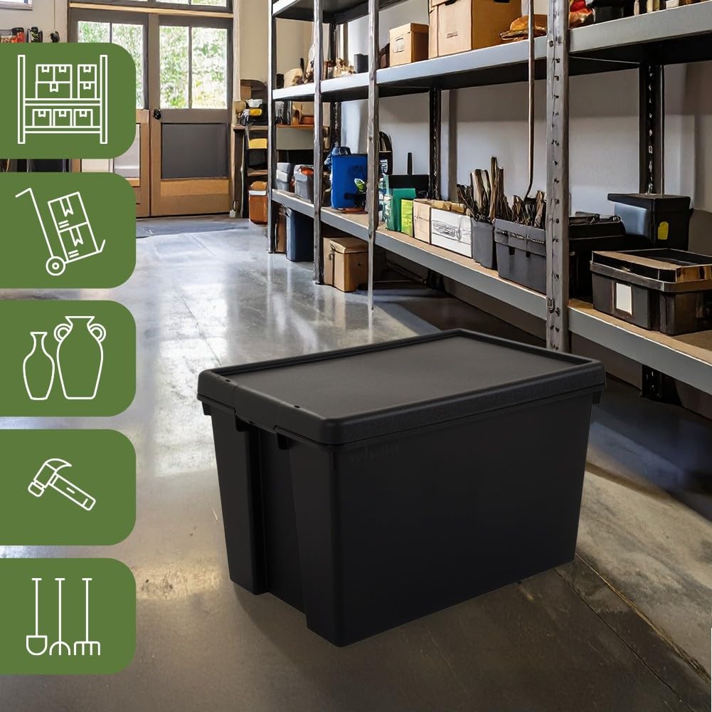 Box and beyond – Caja de almacenamiento – 40 x 59,5 x 37 cm – 62 l – Plástico negro – Almacenamiento, herramientas, bricolaje, ultra resistente, reutilizable, garaje o sótano, lavadero