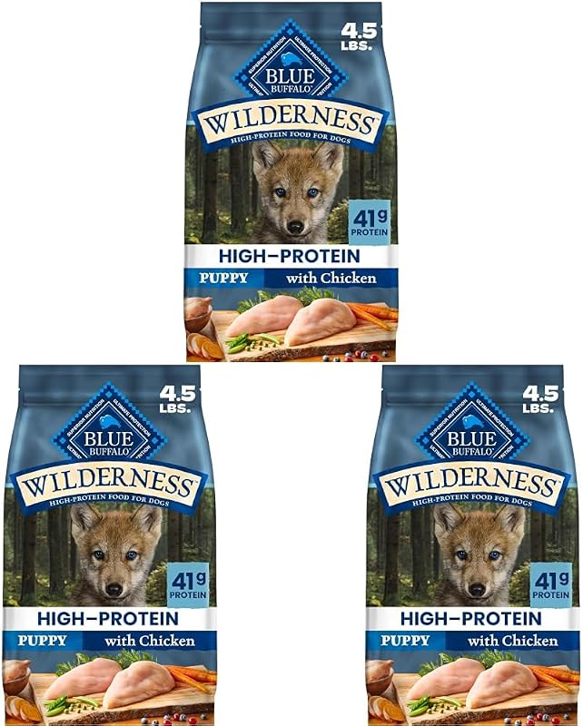 Ração seca para filhotes de cães Blue Buffalo Wilderness com frango e grãos integrais – Pacote com 3 sacos de 2,04 kg