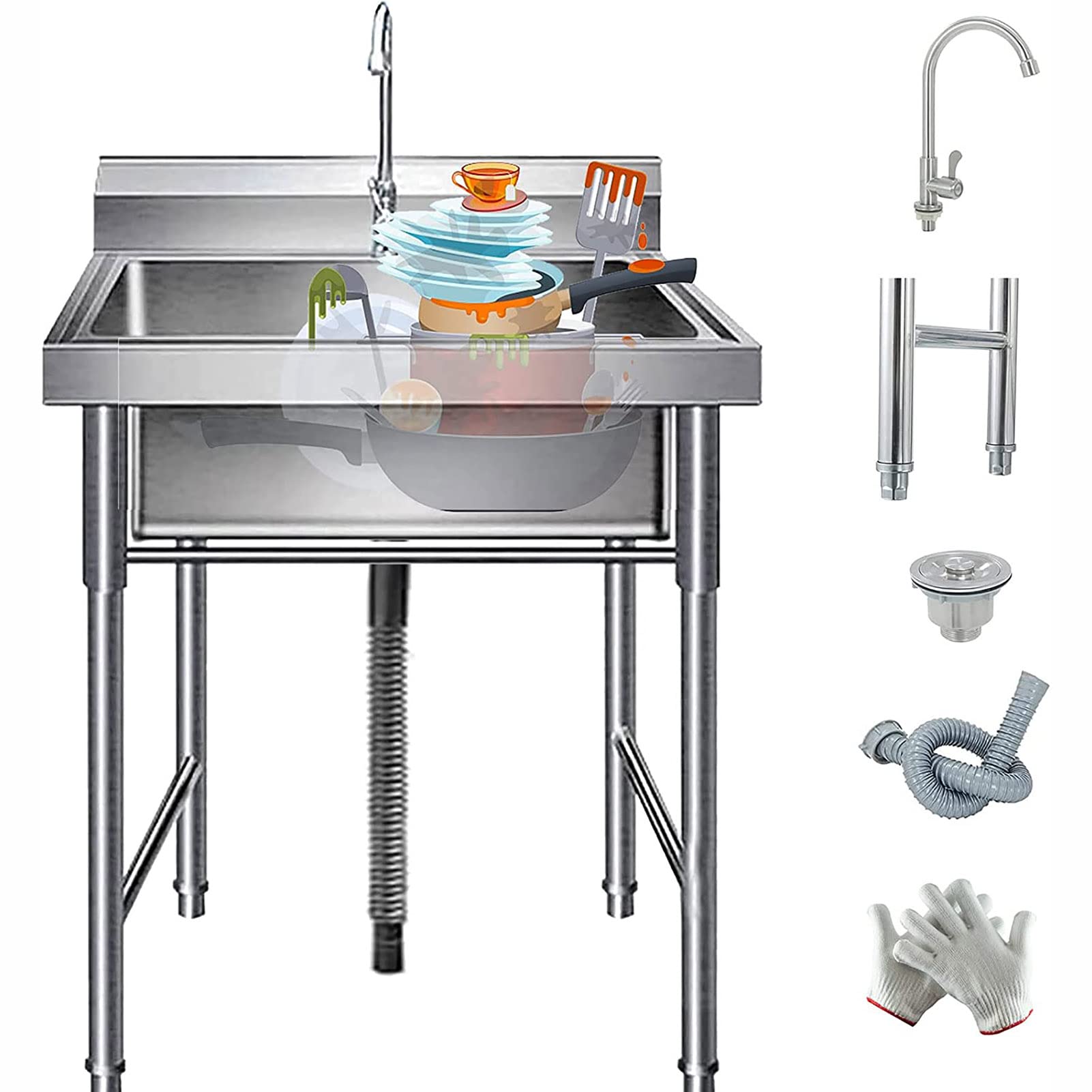 Fregadero de acero inoxidable 304 para restaurante comercial con soporte y grifo 60x60x80cm