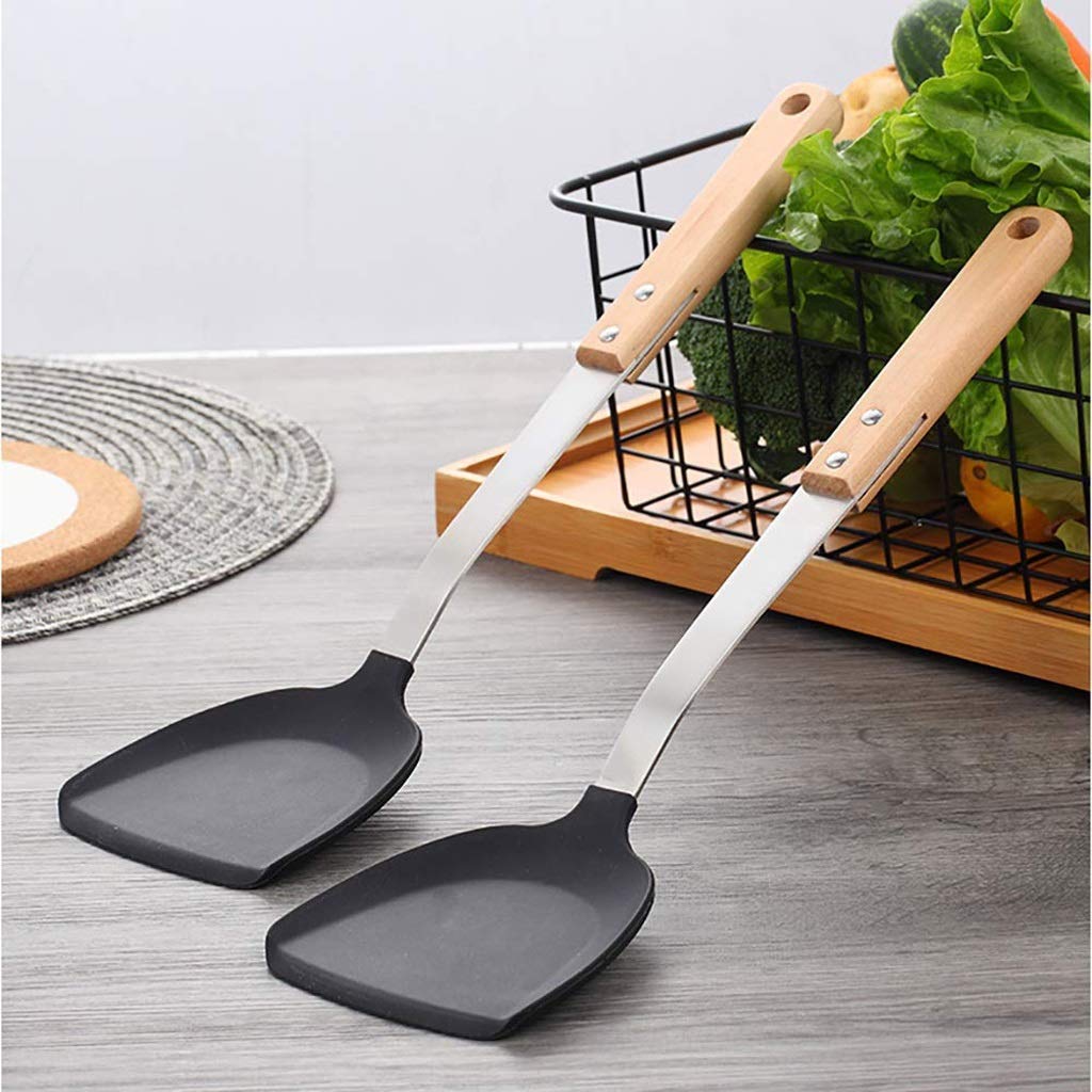 Pfannenwender aus Edelstahl - Antihaft-Silikon-Wok-Spatel mit hitzebeständigem Holzgriff, korrosionsbeständige, langlebige Wok-Utensilien Küchenwerkzeuge