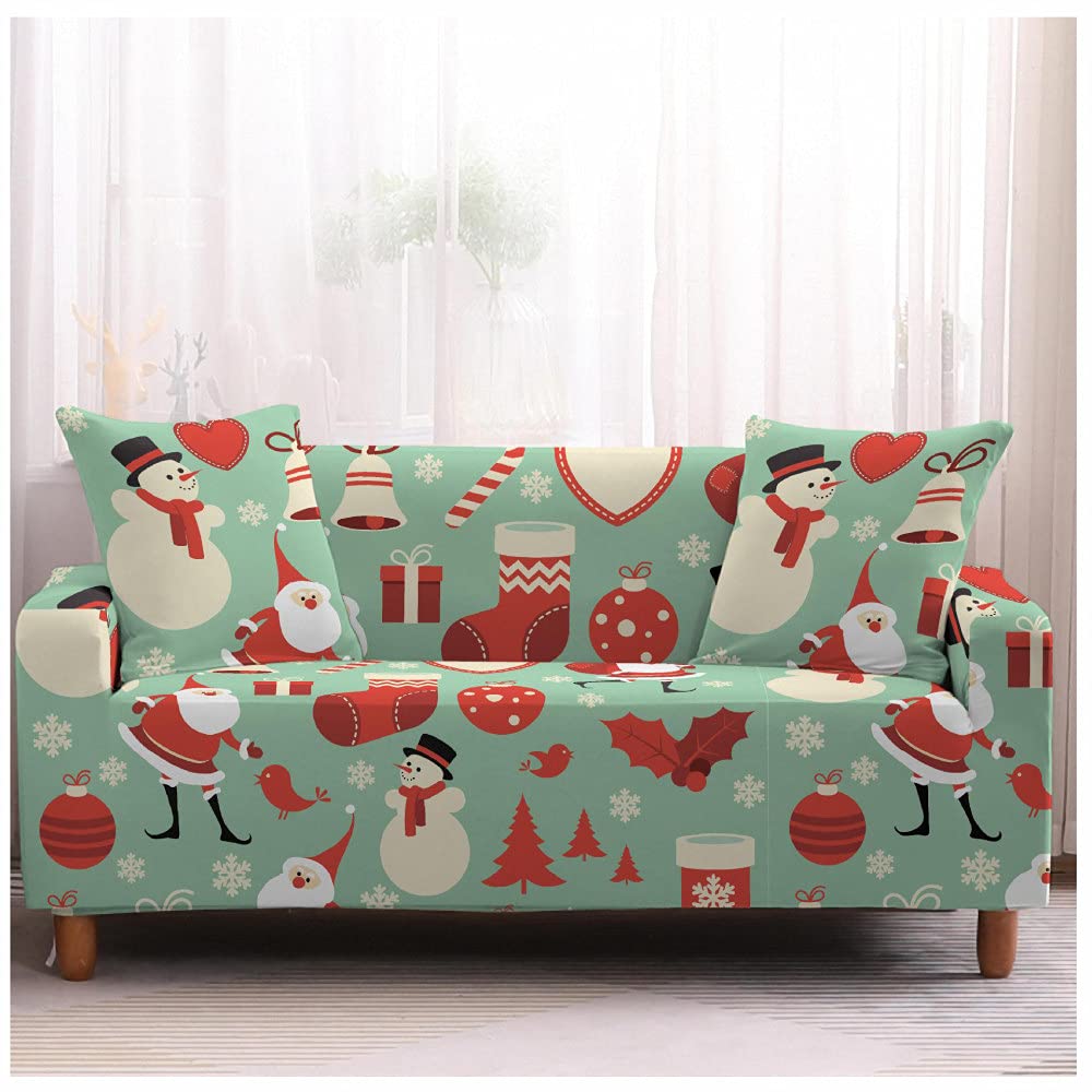 Housse de canapé de Noël stretch motif bonhomme de neige protecteur 3 places
